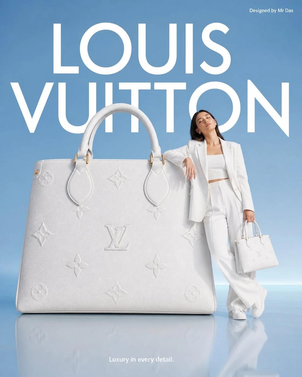 Minimalist commercial ad featuring oversized white Louis Vuitton handbag,...