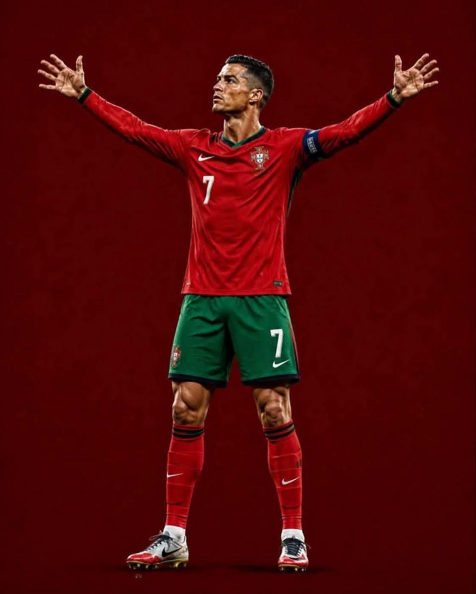 Ultra-cinematic photorealistic full-body studio sports portrait of a lege...