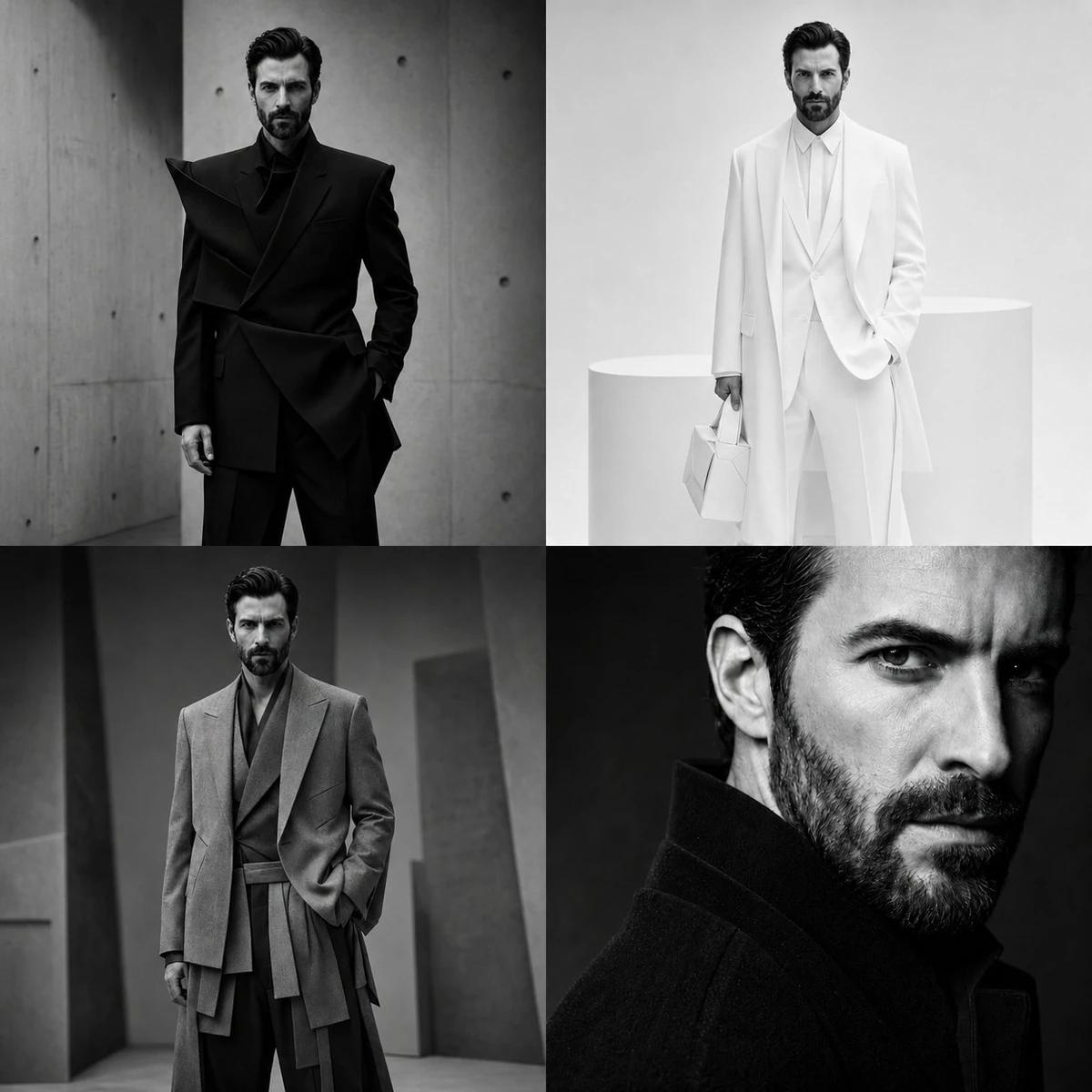 4-panel Vogue magazine grid collage, SAME male model in every frame with...
