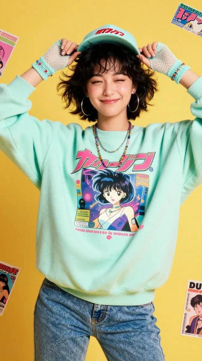 Cute kawaii Japanese fashion photoshoot, cheerful Asian girl with short f...