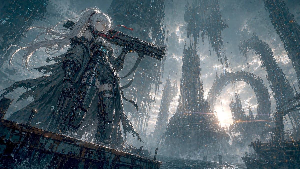 A mecha girl mid-teens, pale skin smudged with soot and salt spray, sharp...