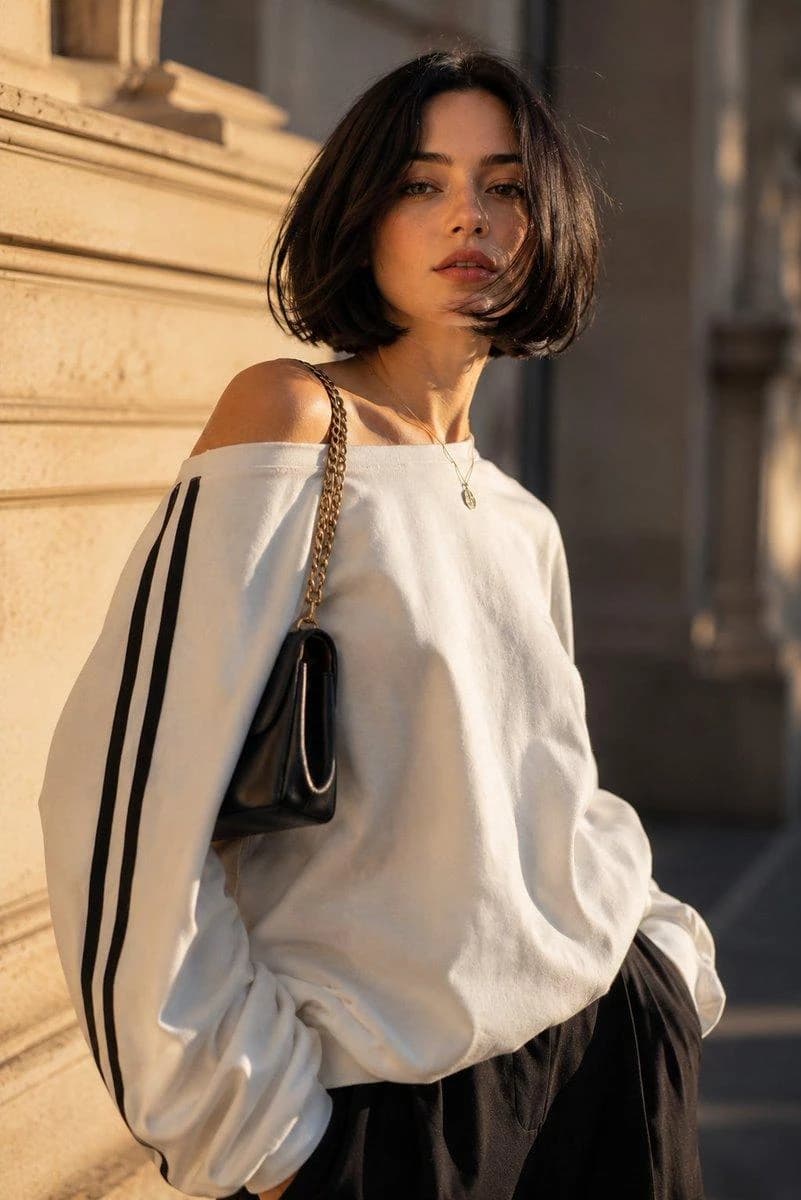 A cinematic portrait of a young woman with a sleek black chin-length bob...