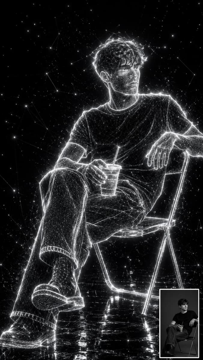 Transform the uploaded image into an ultra-premium holographic wireframe...