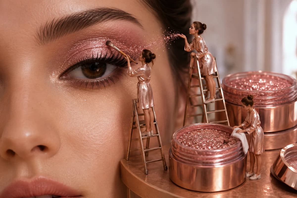 prompt": "A fantastic fairy-tale beauty world where tiny female makeup ar...