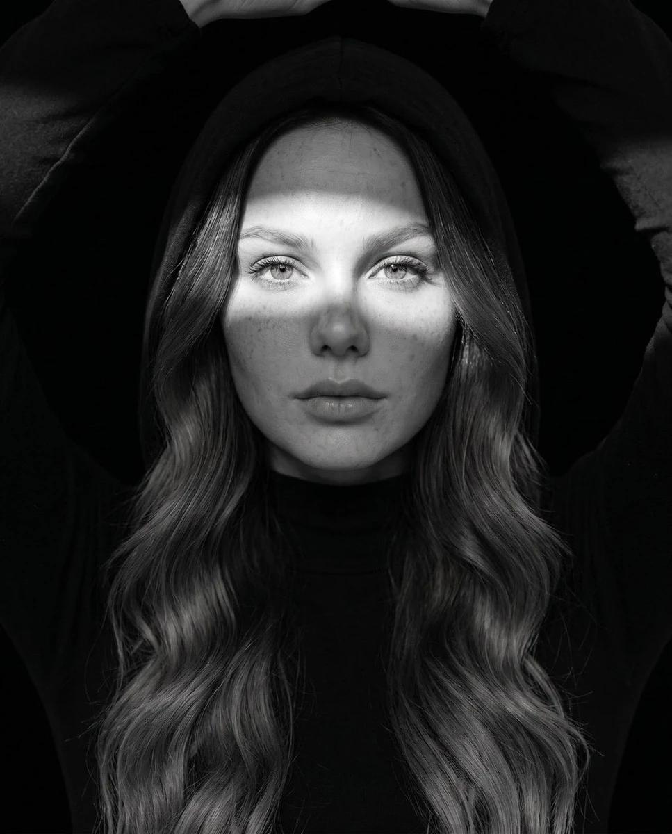 Ultra-realistic fine art black-and-white portrait, editorial fashion phot...