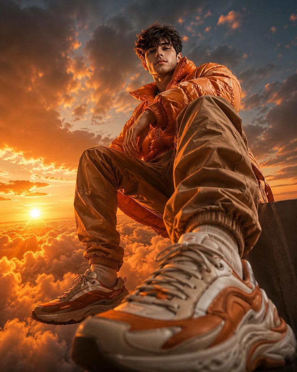 Luxury streetwear model seated above glowing orange clouds, captured from...