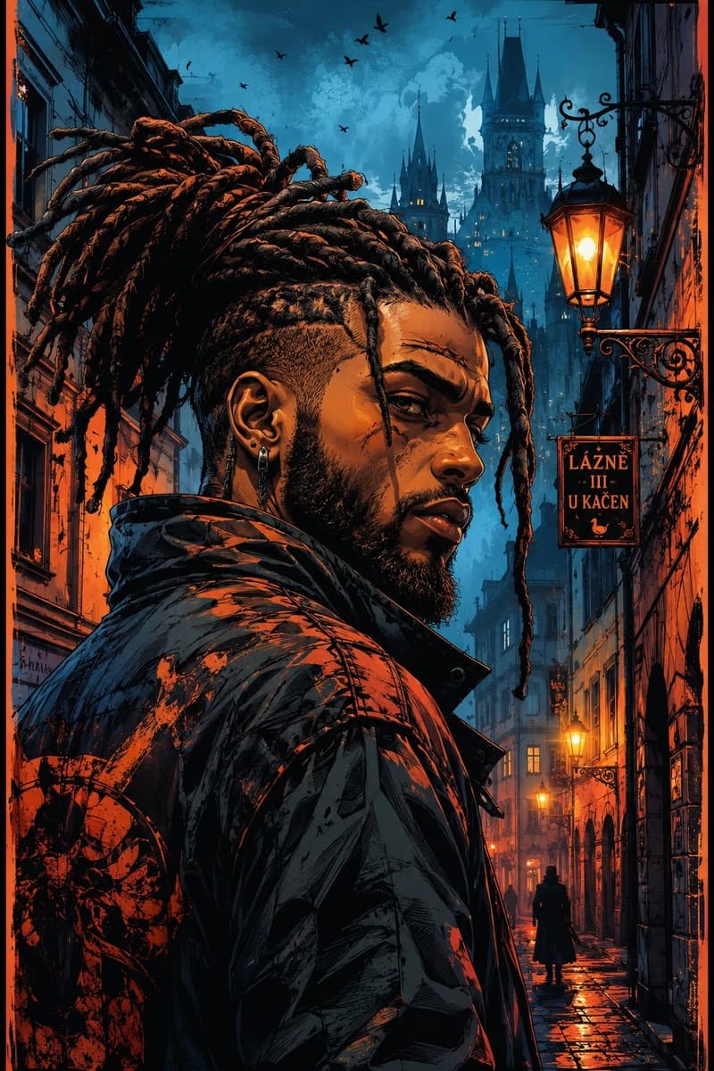 “A cinematic cyber-noir portrait of a rugged young man with thick dreadlo...