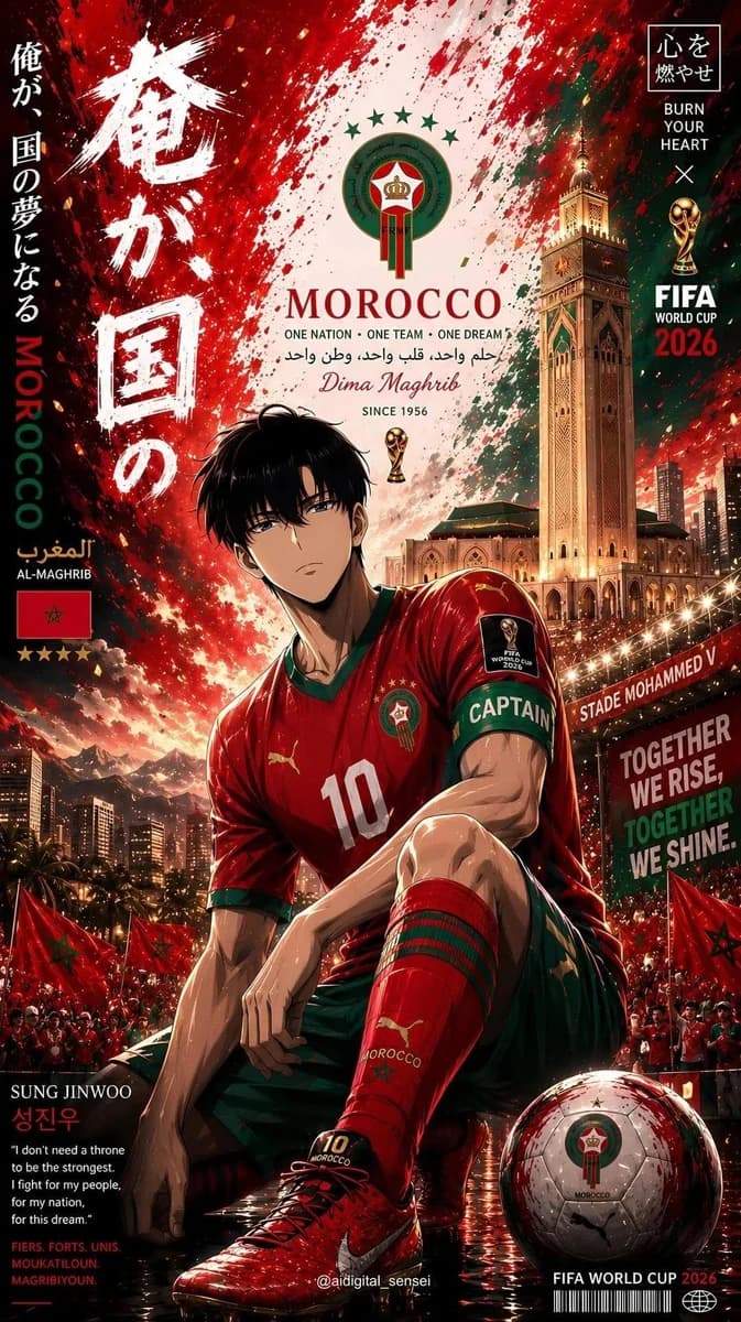 A powerful anime male football captain sits in the foreground in a domina...