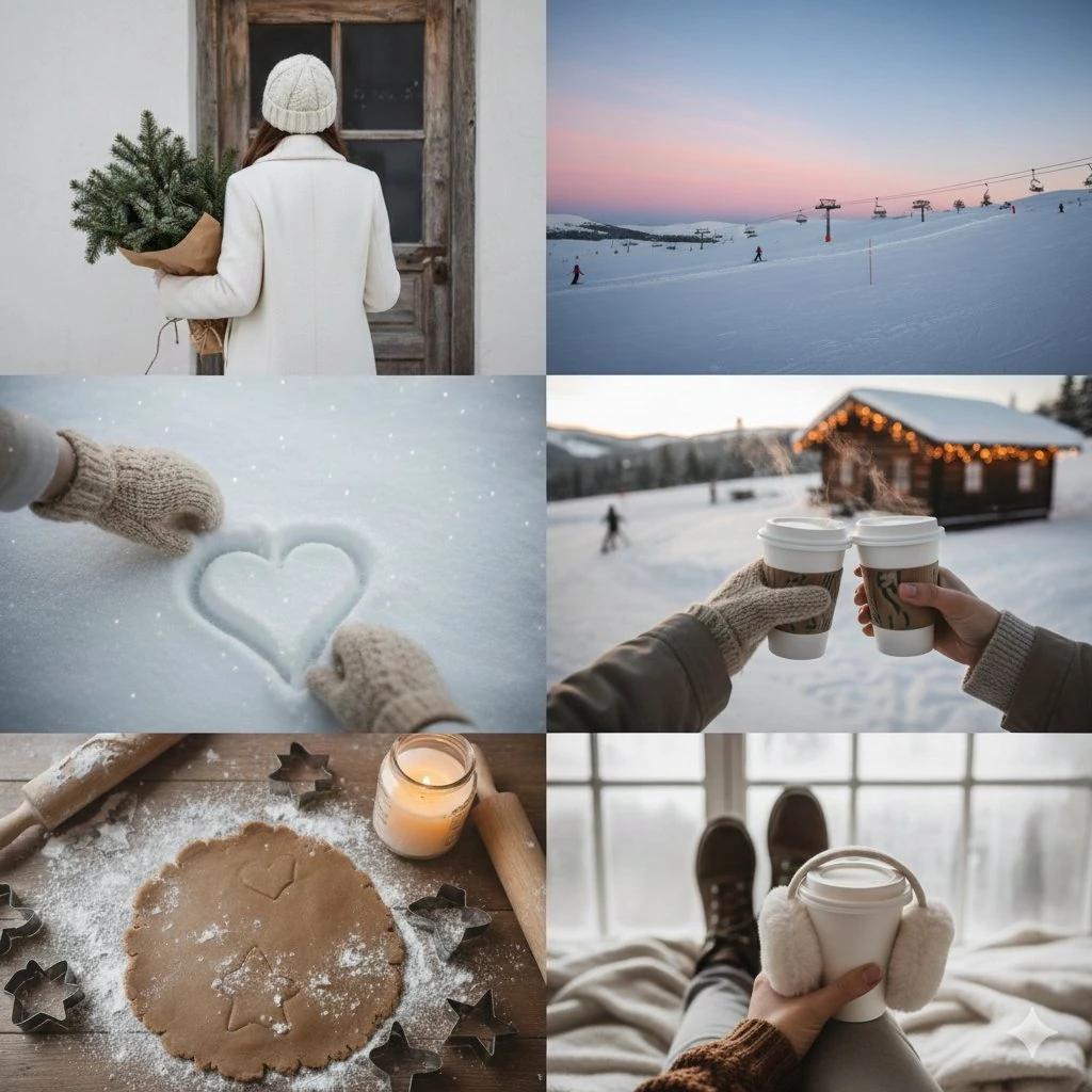A cohesive 6-panel aesthetic photo collage (2 columns by 3 rows) capturin...