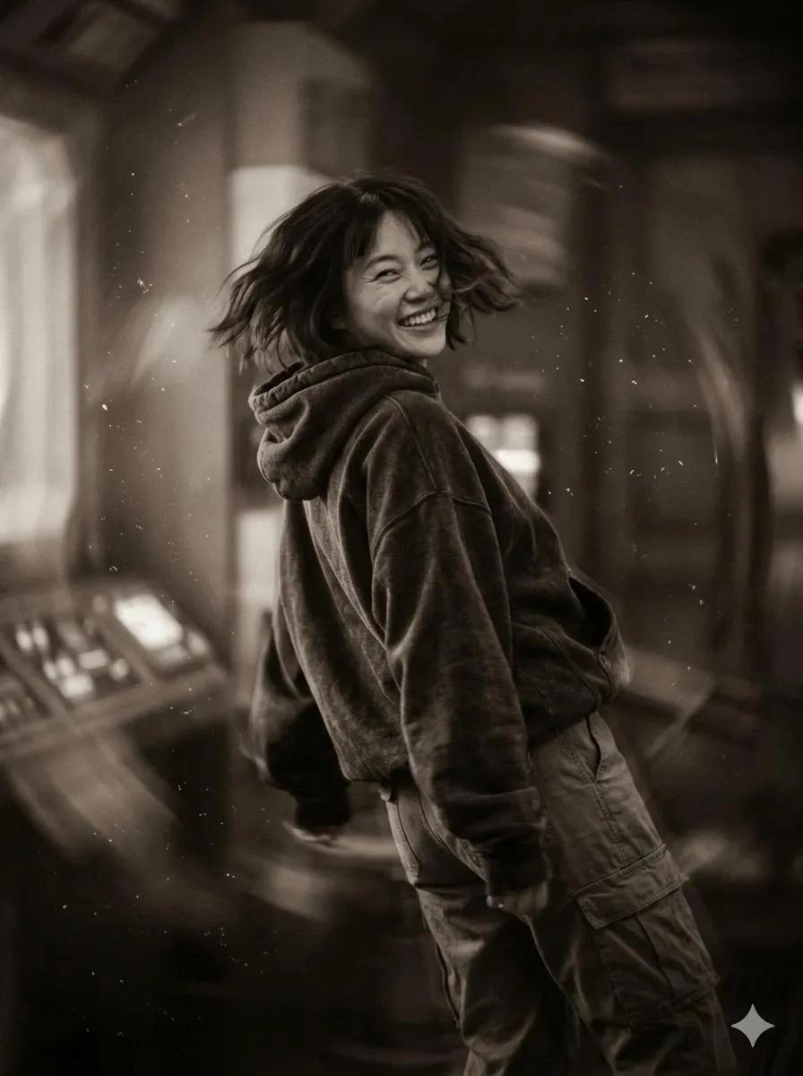 A cinematic candid portrait of an Asian woman with messy short bob hair f...