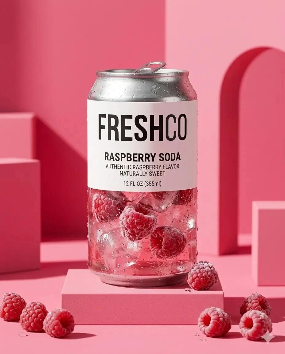 Minimalist product photography of a transparent soda can labeled “FRESHCO...