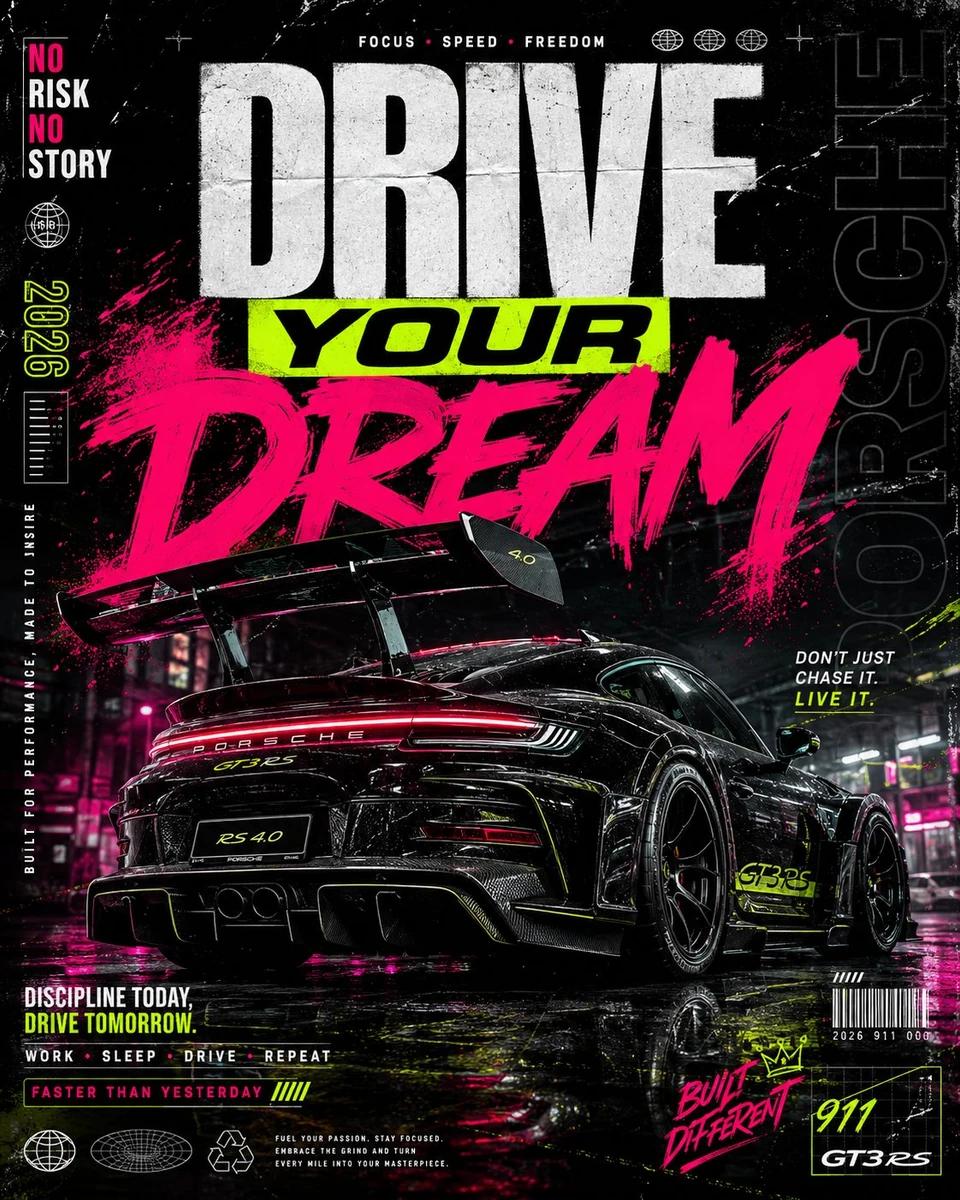 Ultra-premium automotive streetwear poster design featuring a black wideb...