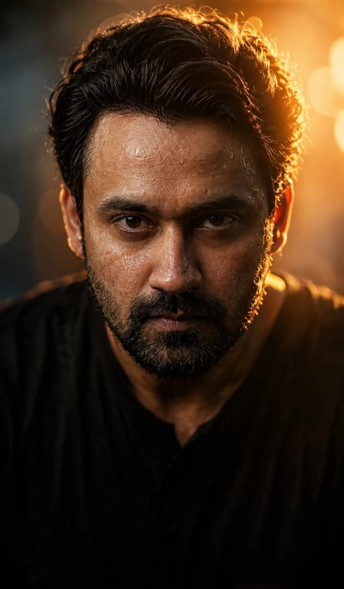 A hyper-realistic cinematic close-up portrait of a man, face glistening w...