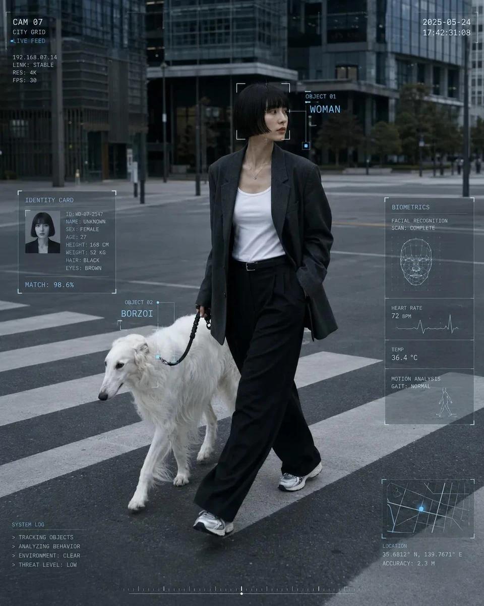 Cyber core editorial photography of [HUMAN] wearing [CLOTHING], walking t...