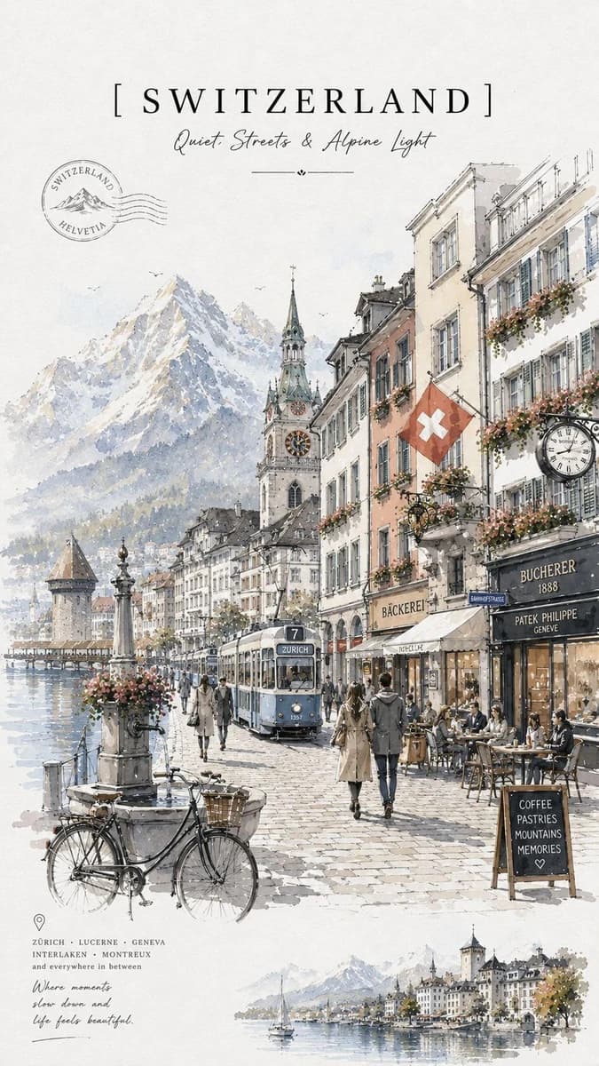 Minimalist vintage travel poster in delicate watercolor and ink sketch st...