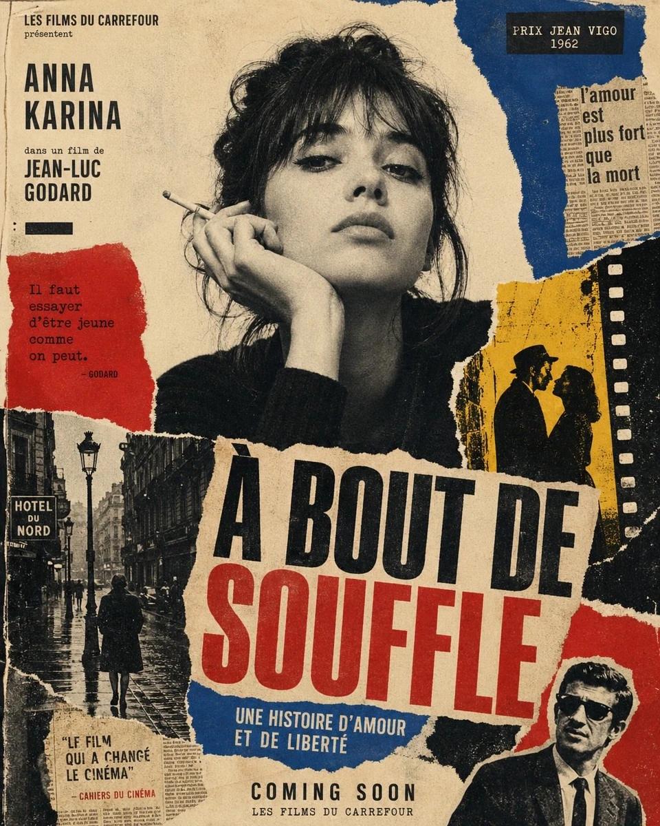 Vintage French New Wave movie poster, inspired by 1960s Jean-Luc Godard c...