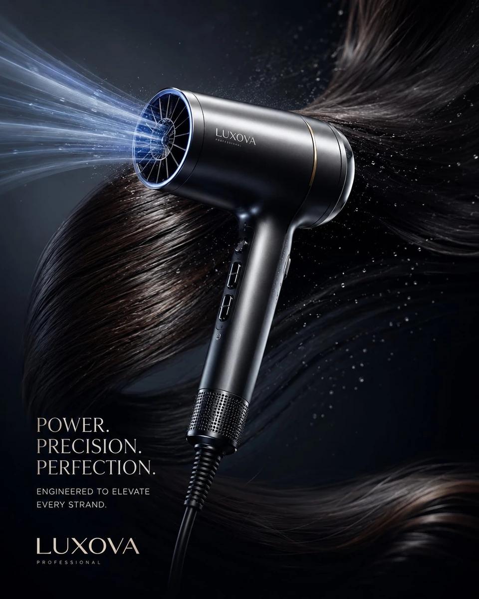 Luxury commercial product advertisement featuring a premium hair dryer as...