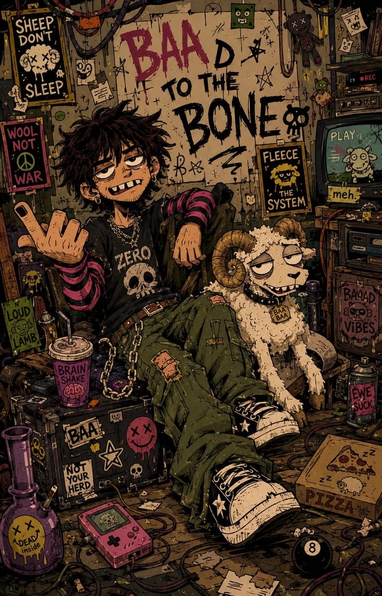 Chaotic indie cartoon illustration of [HUMAN] and [ANTHROPOMORPHIC ANIMAL...