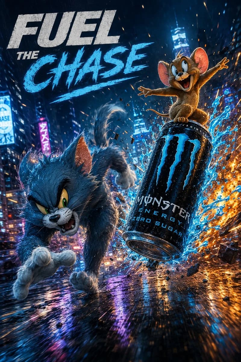 Hyper-cinematic advertising poster featuring Tom and Jerry in a chaotic r...