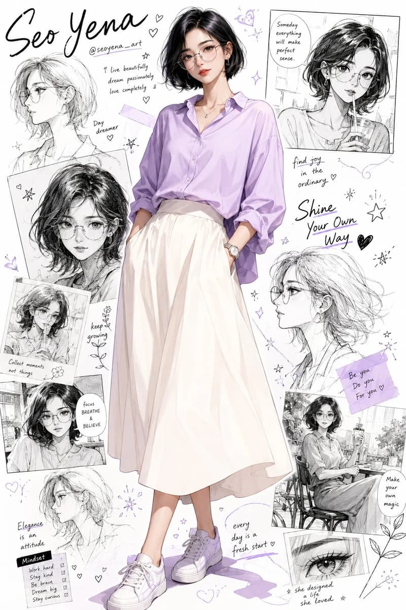 Semi-realistic anime-inspired portrait of a stylish young Korean woman wi...