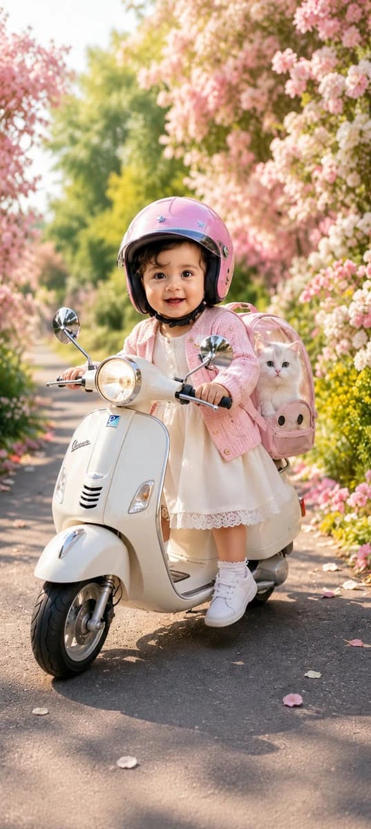 -realistic cinematic spring portrait of an adorable toddler girl sitting...
