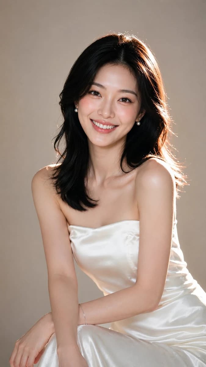 Ultra-photorealistic beauty portrait of a fictional East Asian woman, fro...