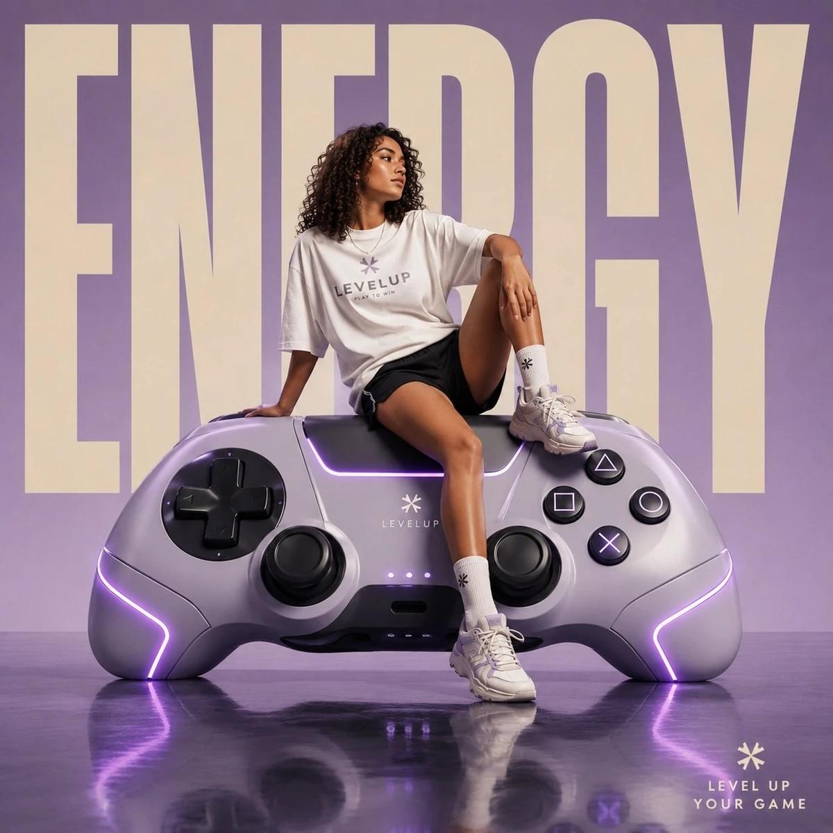 Luxury futuristic streetwear campaign poster featuring a confident athlet...