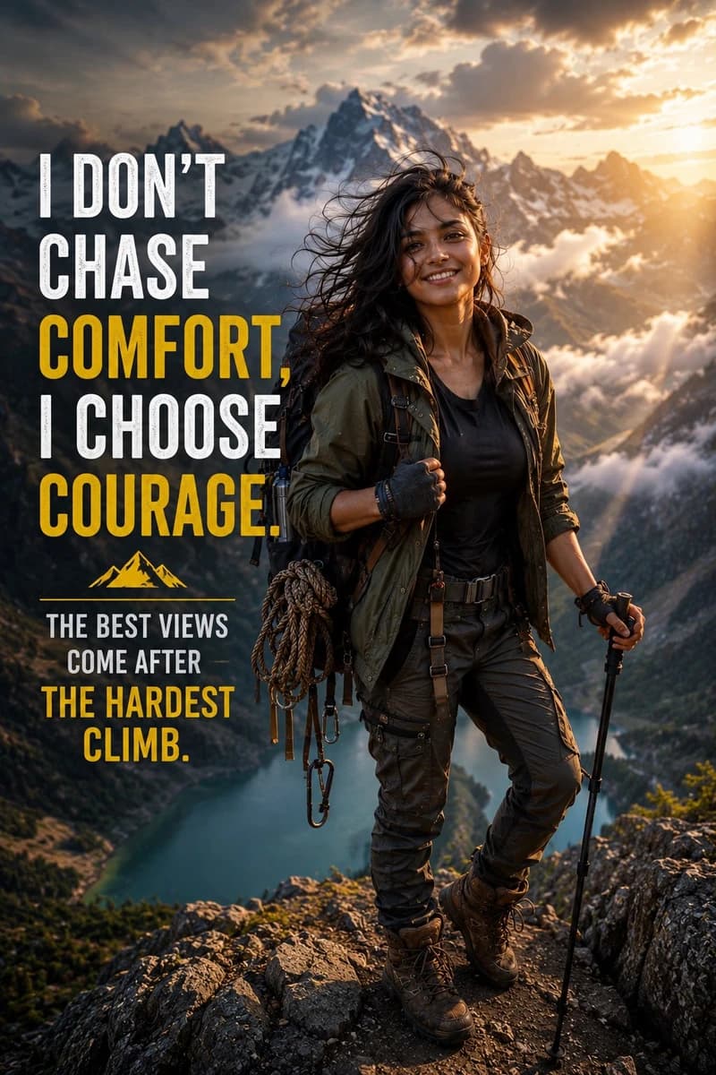 Ultra realistic cinematic portrait of a fearless young adventure girl sta...