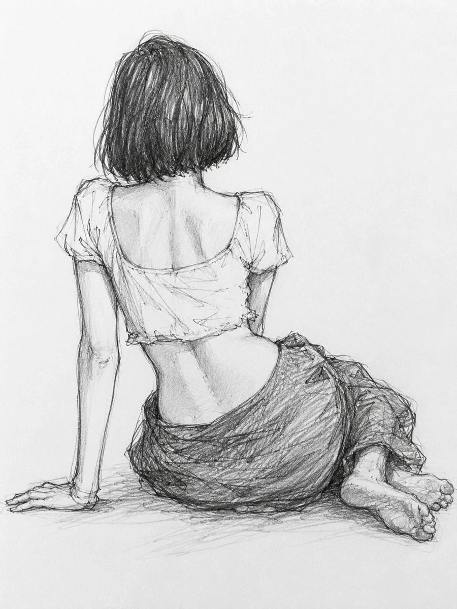 A loose pencil gesture sketch of a young female figure sitting on the flo...