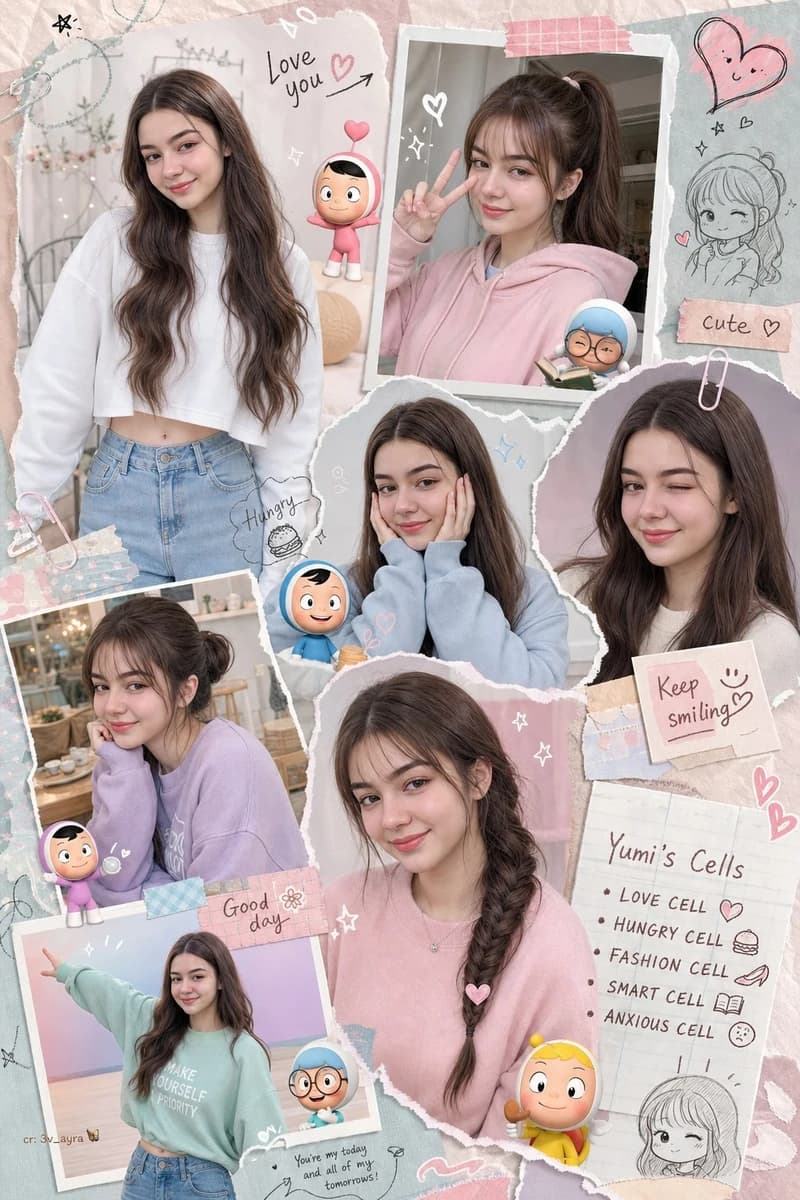 Asymmetrical modern scrapbook style photo collage featuring a young woman...