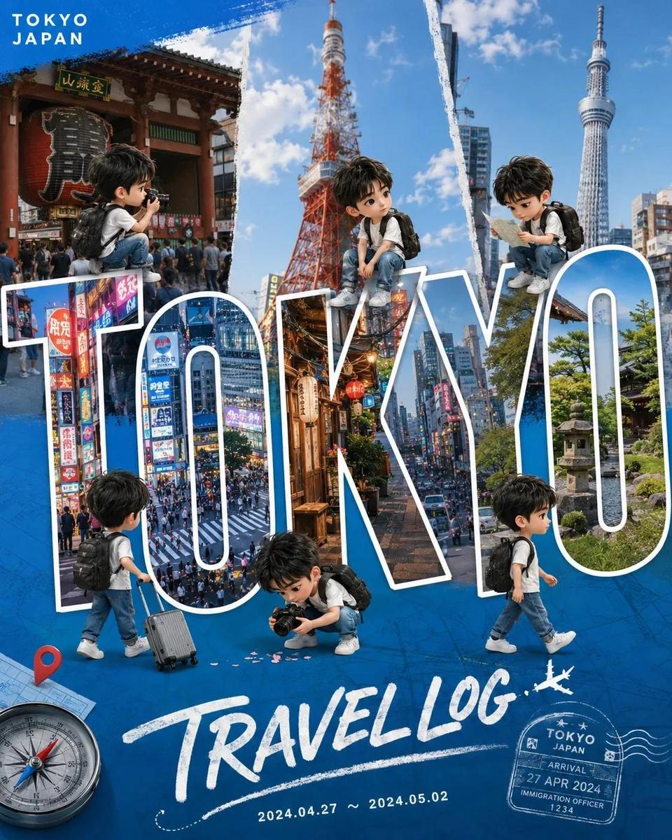 Cute chibi travel vlog poster design featuring adorable mini travelers ex...