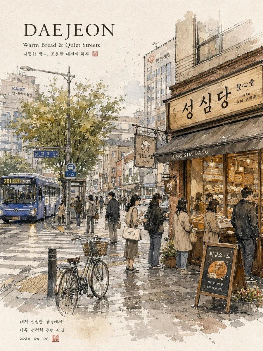 Dreamy watercolor travel illustration of a peaceful Korean city street, h...