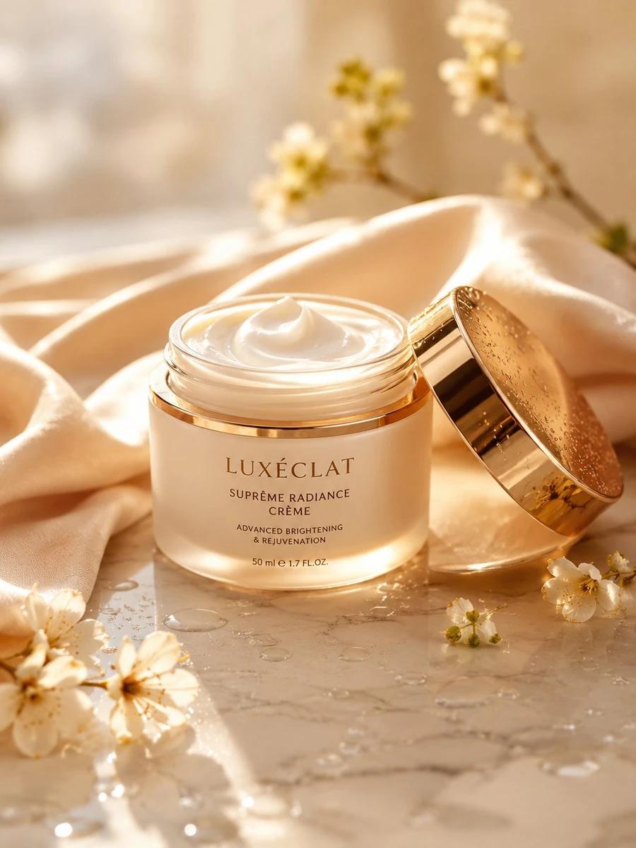 A premium skincare cream jar placed on a smooth marble surface, surrounde...