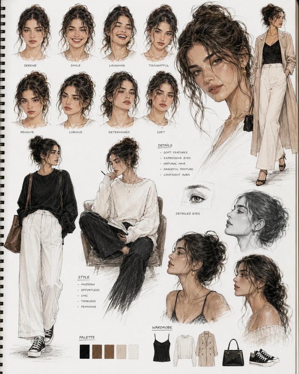 Premium cinematic sketchbook character board showcasing a stunning fashio...