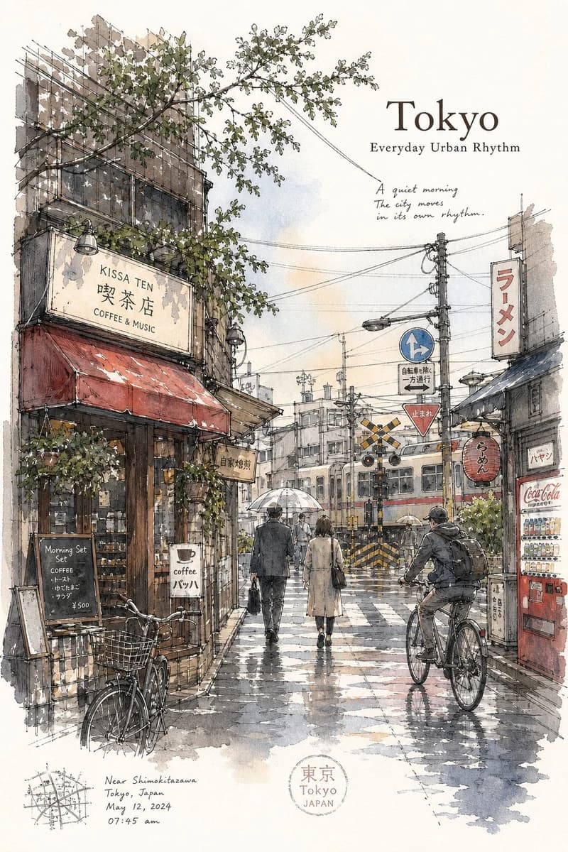 Tokyo minimalist urban travel sketch poster, drawn like a real location s...
