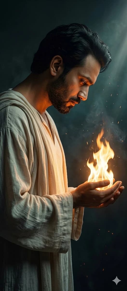 A cinematic dark fantasy portrait of a young male figure seen in dramatic...