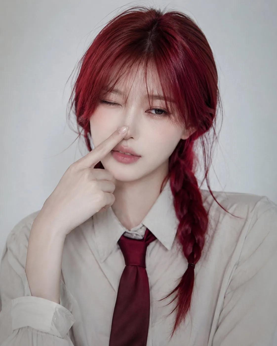Ultra-realistic portrait of a beautiful young woman with long crimson-red...