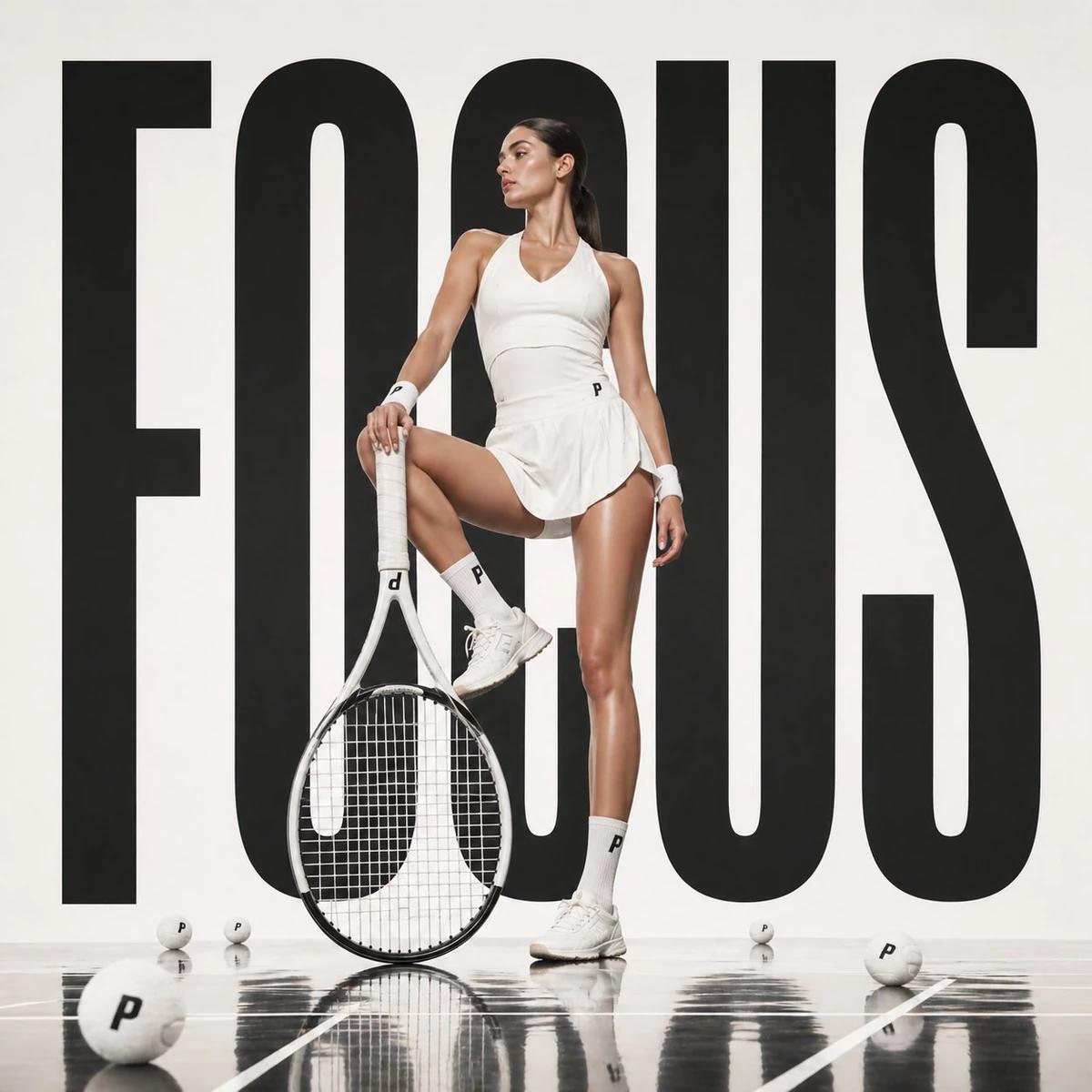 Avant-garde sports fashion advertisement, oversized tennis racket positio...