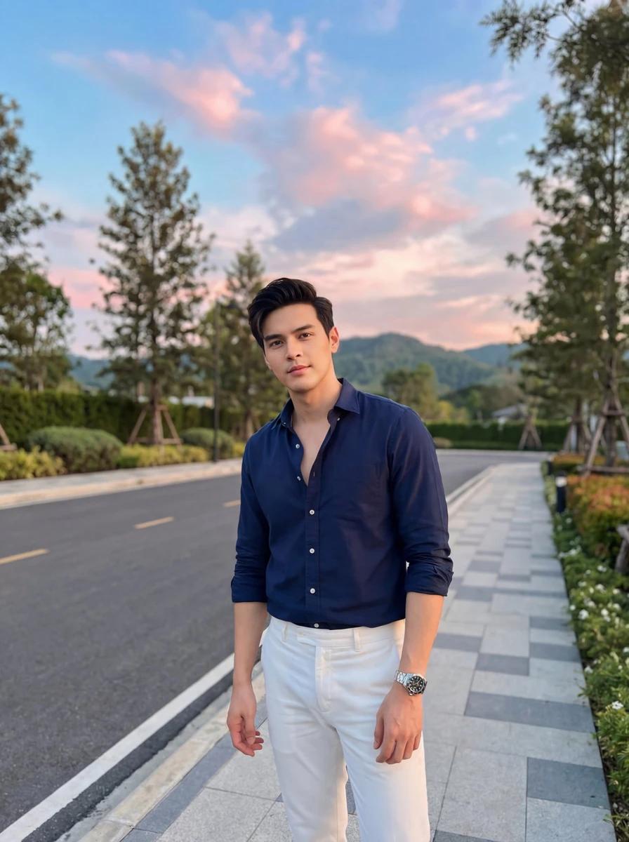 A stylish young man standing on a modern sidewalk at sunset, wearing a na...
