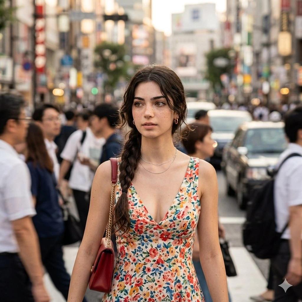A beautiful young woman walking through a busy city street, soft natural...