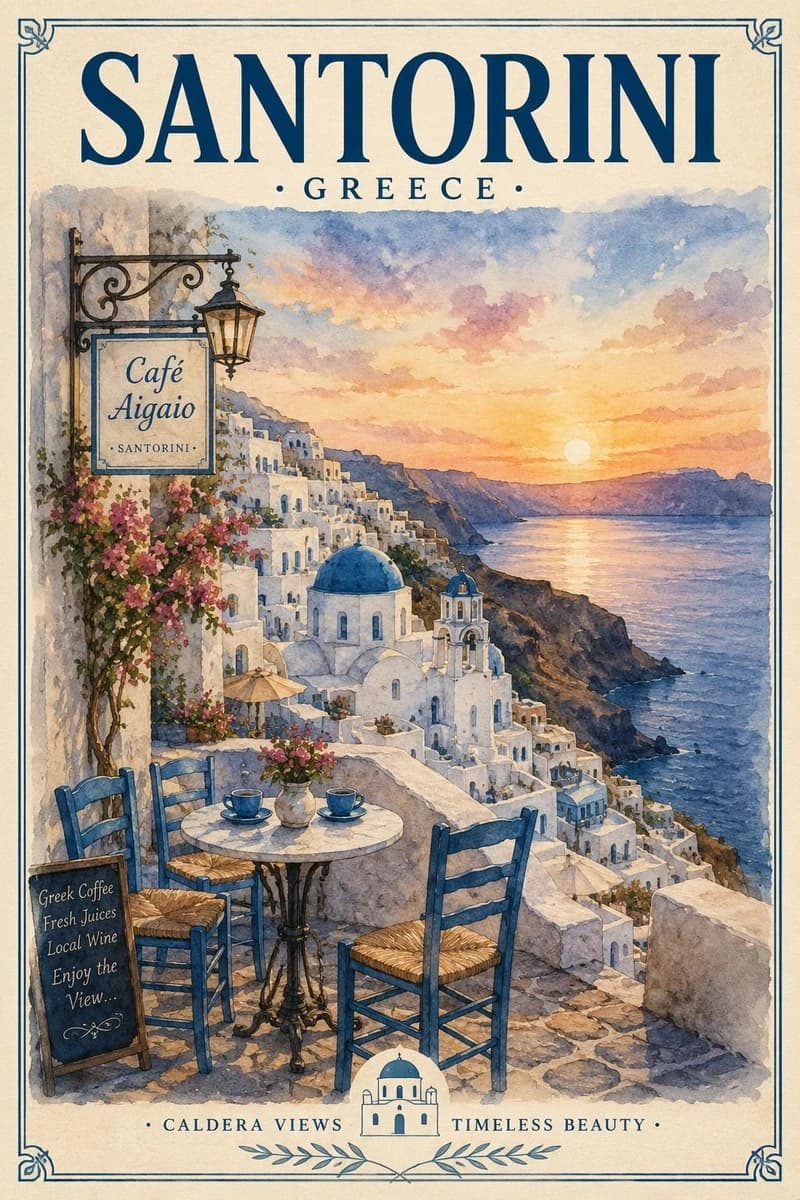 Vintage watercolor travel poster illustration, elegant European destinati...