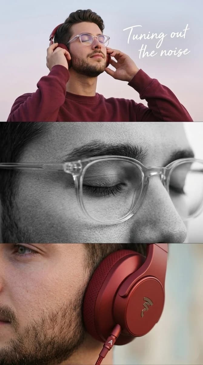 Minimalist lifestyle advertisement featuring a young man wearing red over...