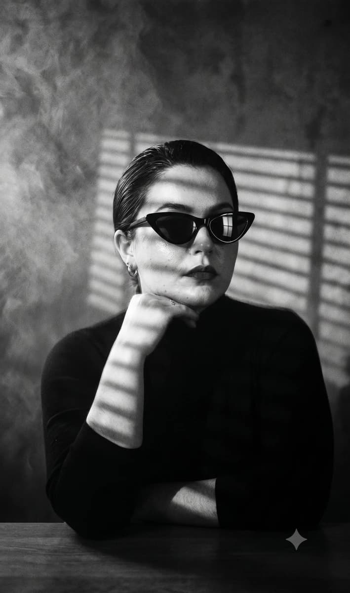 Seated portrait of a woman in a dim, smoke-filled room, dark hair slicked...