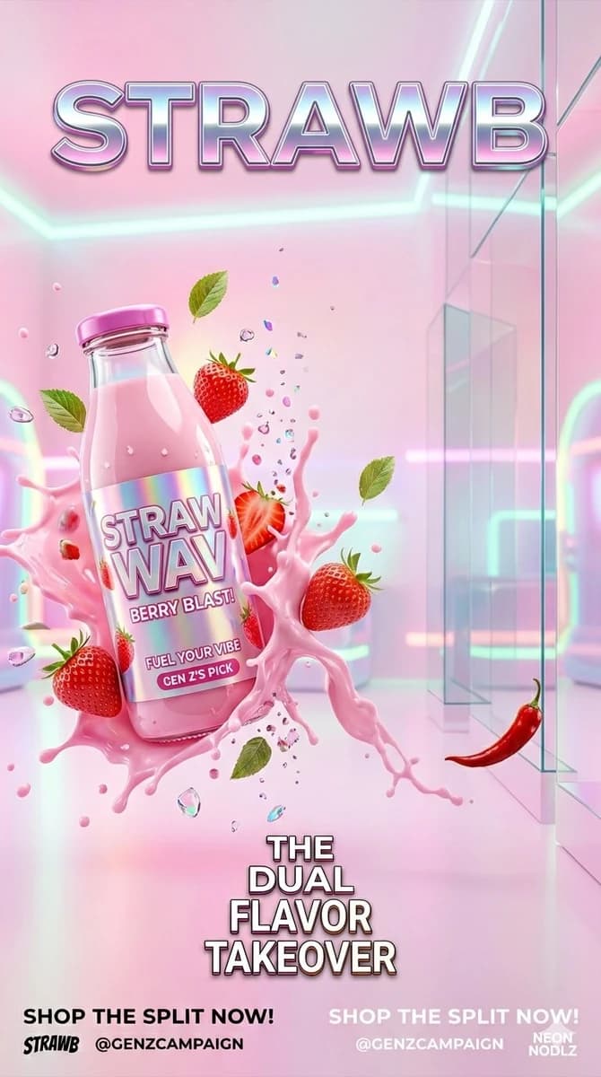1. a futuristic strawberry milk drink bottle floating in mid air with exp...