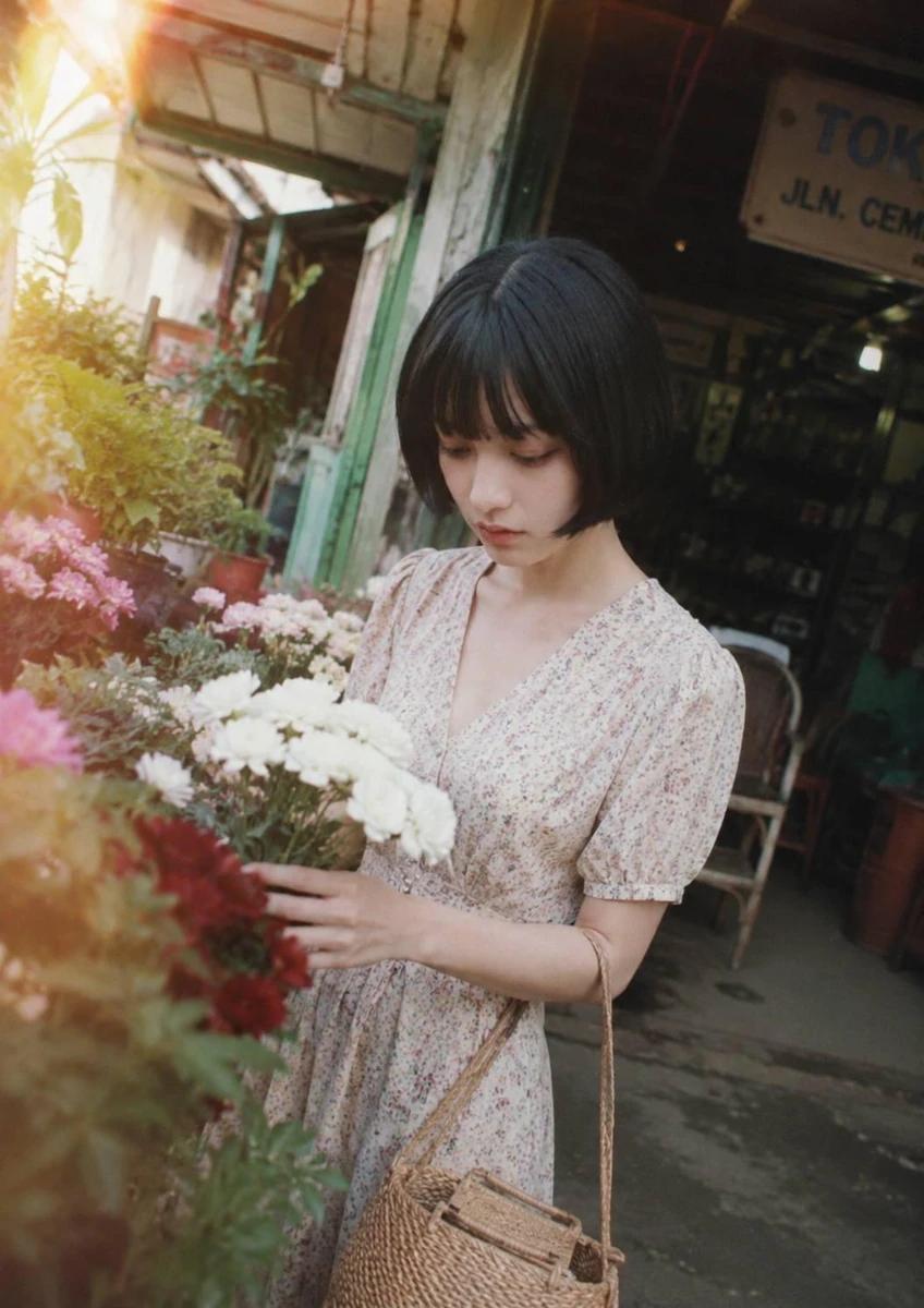 A dreamy cinematic street photography portrait of a young woman with a sh...
