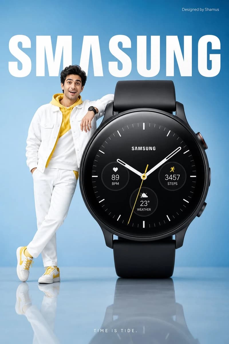 Minimalist commercial ad featuring oversized BLACK smartwatch, ultra-clea...
