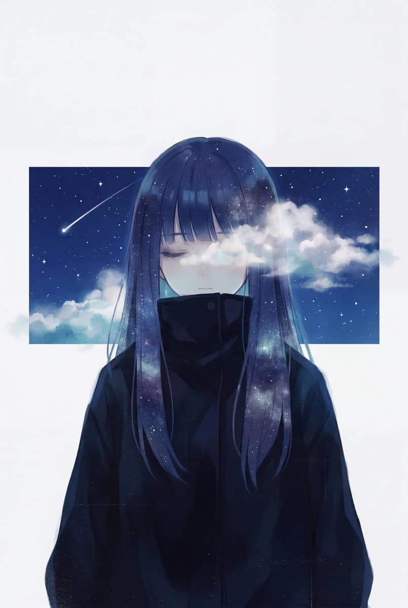 style": "minimalist melancholic anime illustration with surreal cosmic do...