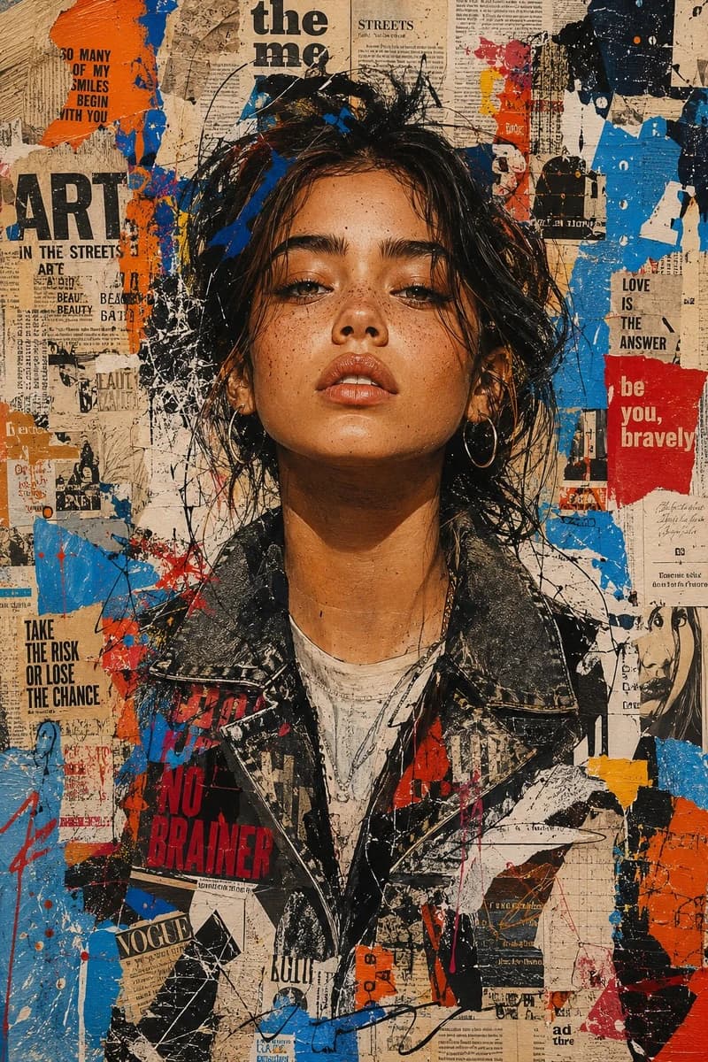 Ultra-detailed mixed-media urban portrait of a stylish young person, cent...