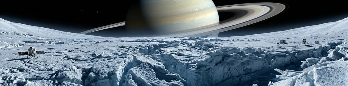 A 4:1 panoramic photo captured from the icy surface of Enceladus, showing...