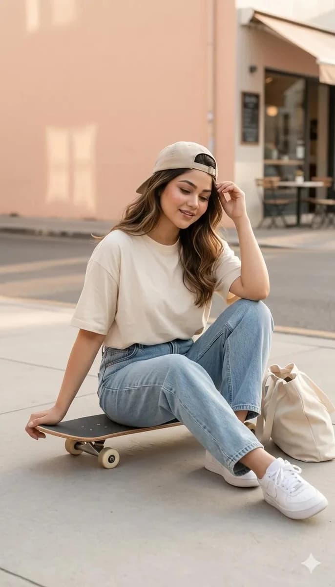 Ultra-realistic full body photo of a stylish young woman sitting sideways...